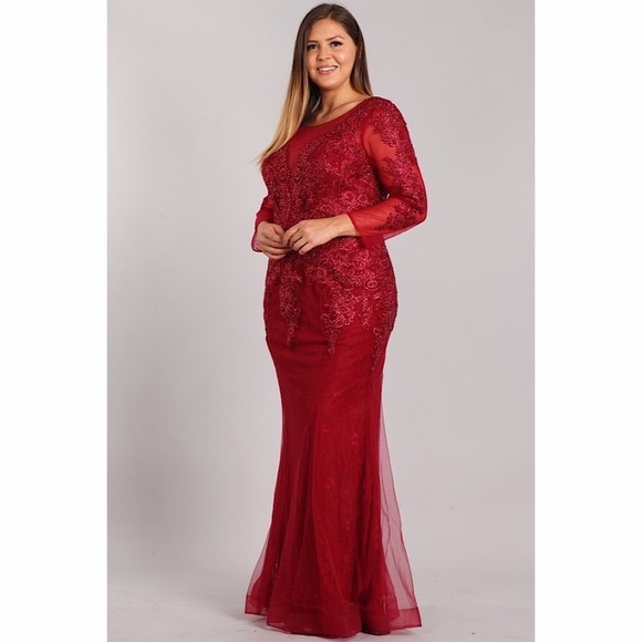 BEAUTIFUL Burgundy Plus Size long sleeve Sequin Dress 11801 - Picture 1 of 6